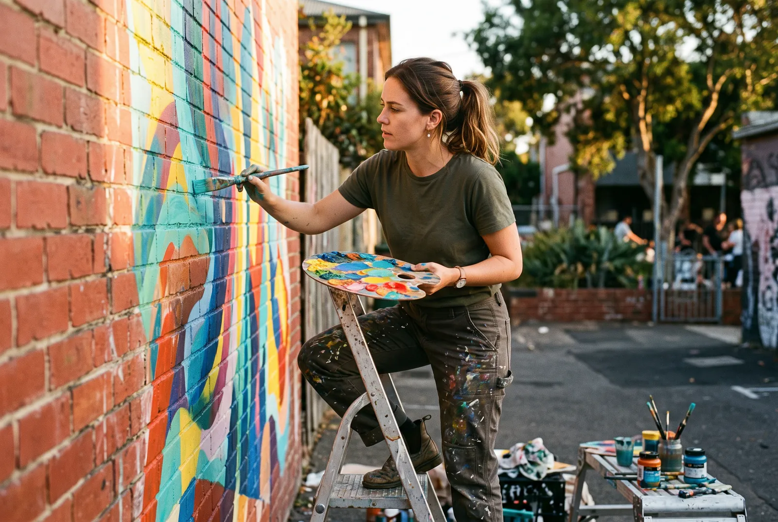 Community Mural Project — An artist at work at golden hour